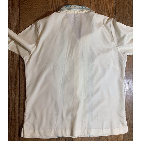 Vintage LADY MANHATTAN Ivory Blouse 1960s Tropical Embroidery In Aqua Sz 14 USA - Picture 7 of 8